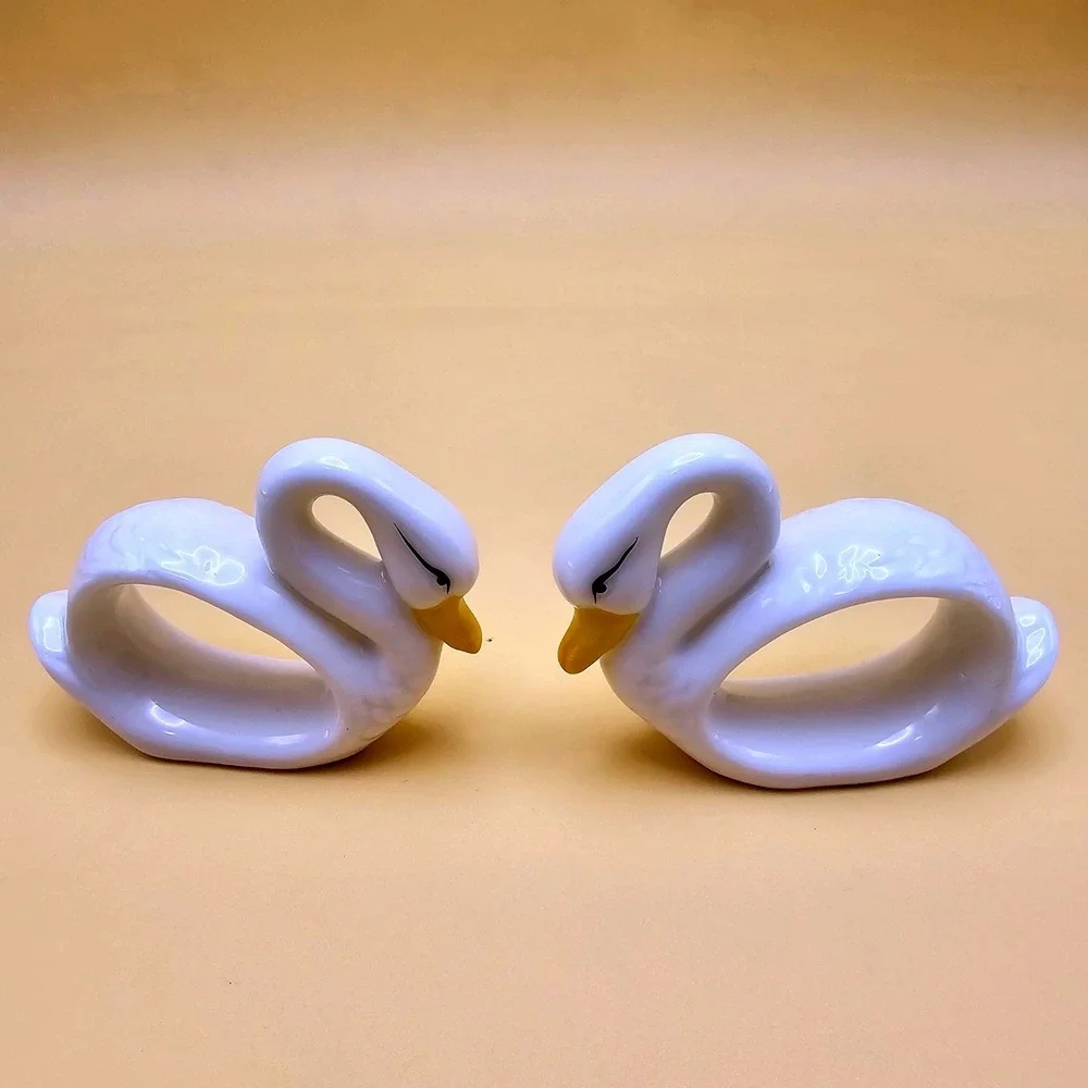 Set of 2 White Ceramic Swan Napkin Rings Holders Yellow Beak Elegant Table Decor